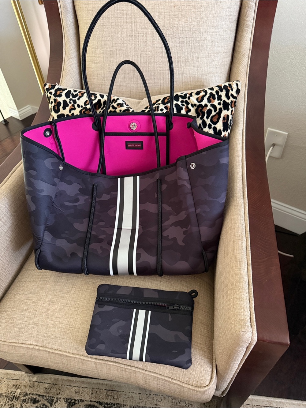 HAUTE SHORE Camo Tote with Hot Pink Interior and Stripe Detail